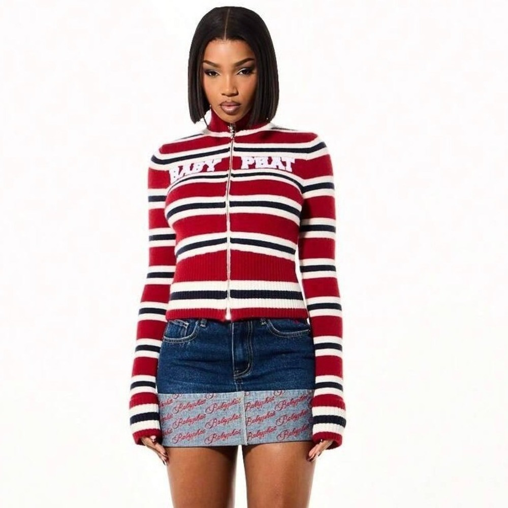 Baby Phat Red White Navy Striped Zip Up Sweater Mock Neck Y2K Size M C10Z6DXUVE